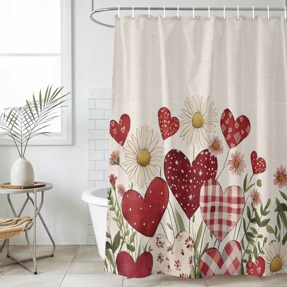 Valentines Waterproof Fabric Shower Curtain,Botanical Spring Daisy Love Heart Vintage Waterproof Fabric Shower Curtain for Bathroom Curtains Bathtubs Shower Curtains with 12 Hooks Standard 72x72