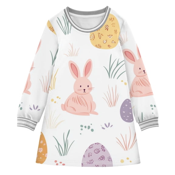Colorful Rabbits Easter Eggs Grass Long-sleeved Dress A-line One-Piece Dress for 2-8 Years Casual Party 2T