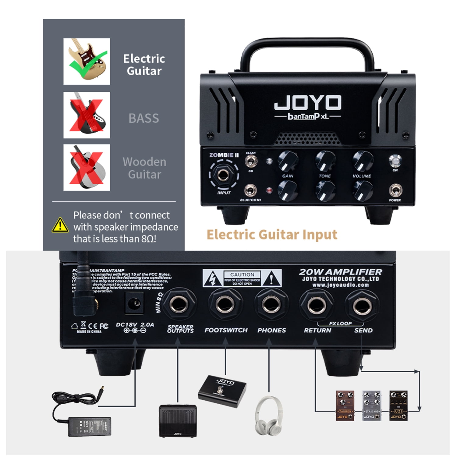 JOYO ZOMBIE II Rugged Metal 20W Hybrid Tube Electric Guitar Mini Amp Head, 2-Channel Clean/OD with Bluetooth, FX Loop & Cab Emulated Headphone Out, Requires External Speaker