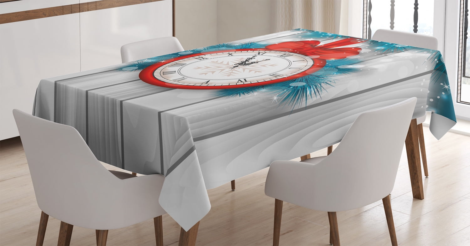 Clock Decor Tablecloth, New Year Midnight A Clock and Fir Branch Illustration Decorations for