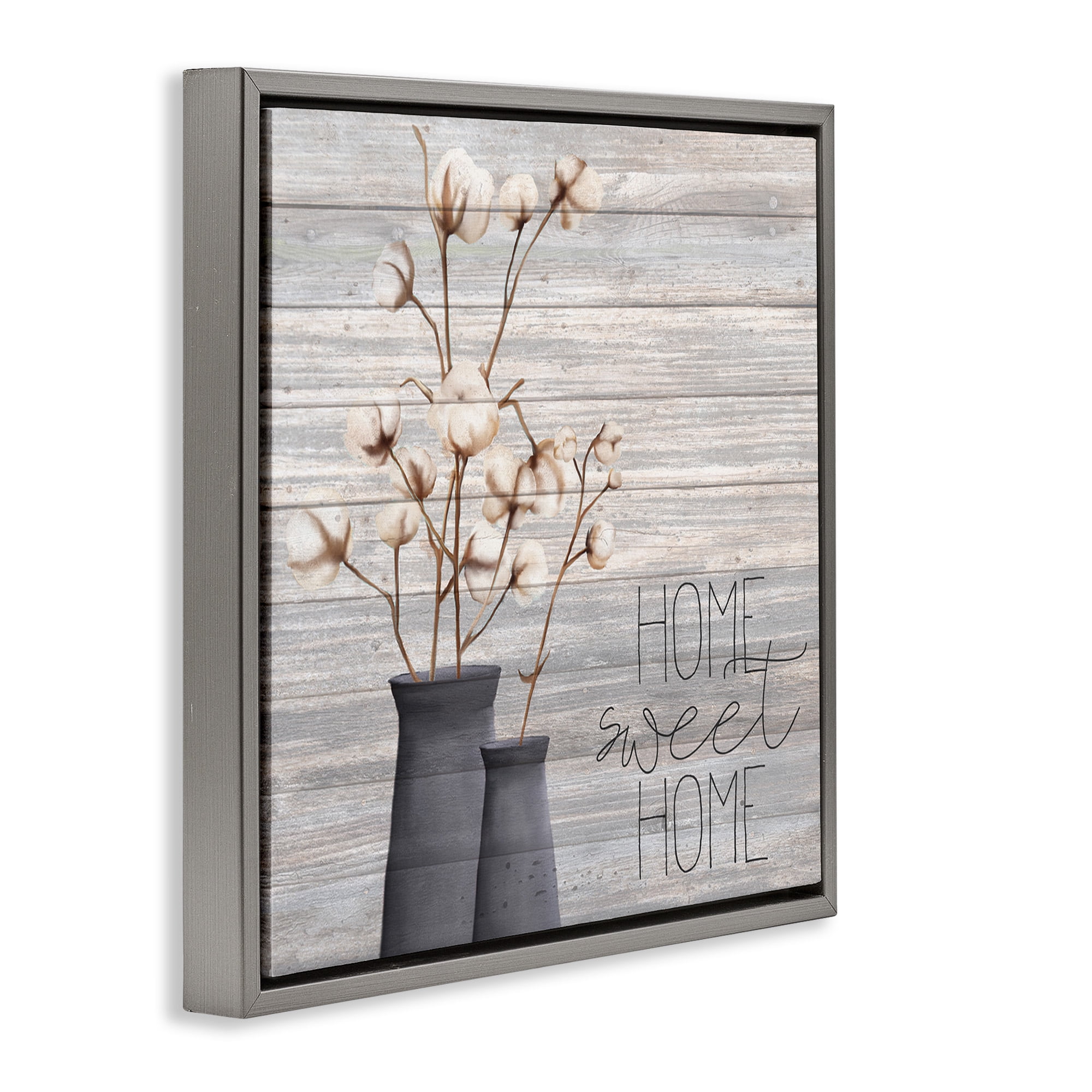 Stupell Industries Grey Home Sweet Cotton Flowers Botanical & Floral Painting Gray Floater Framed Canvas Art Print Wall Art, 25 x 25