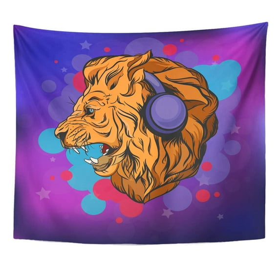 ZEALGNED Black Abstract Lion with Headphones Listen to Music for Your Design on Colour Face Head Cartoon Wall Art Hanging Tapestry Home Decor for Living Room Bedroom Dorm 60x80 inch