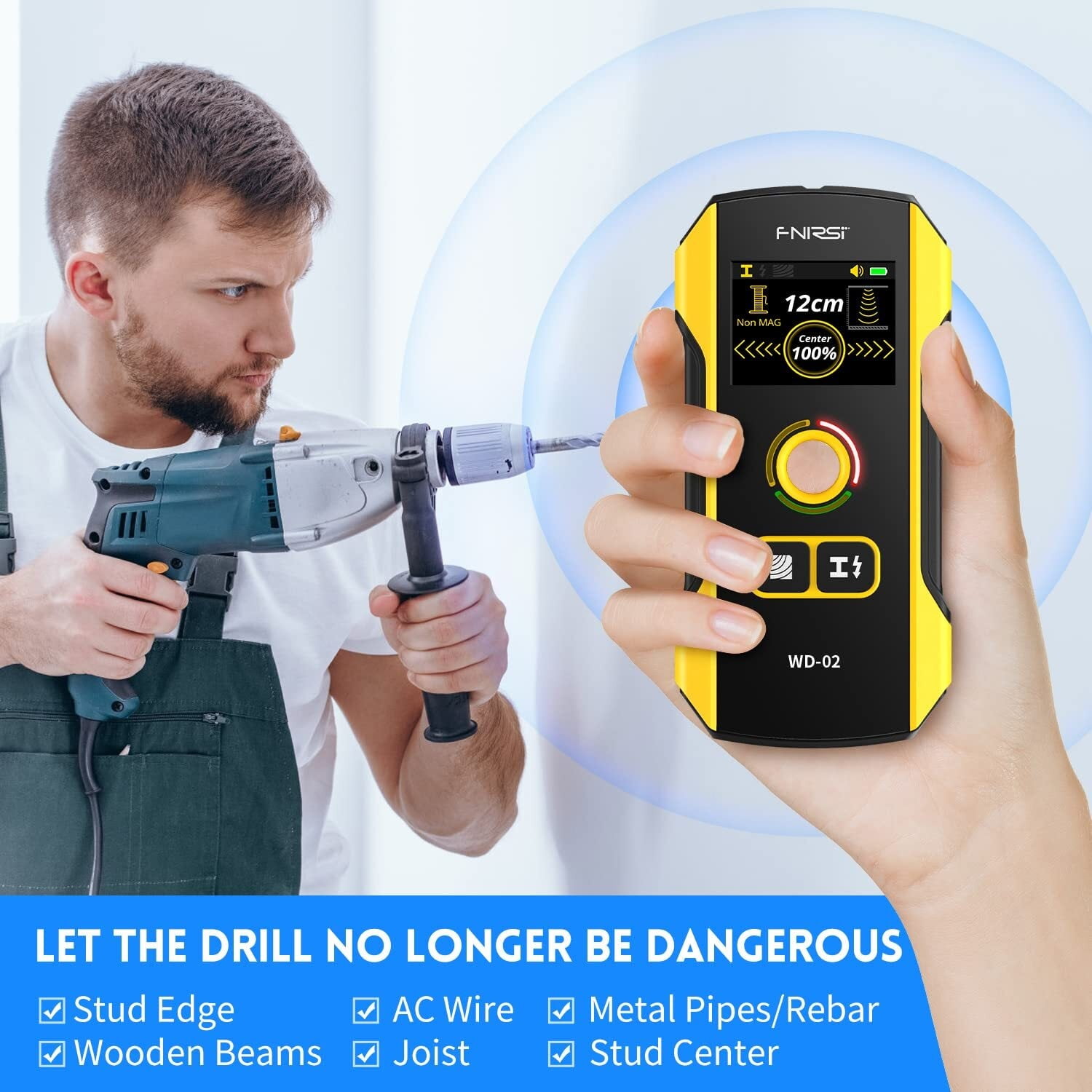 WD-02 Stud Finder Wall Scanner Metal Detector with Positioning Hole for Center and Edge of Wood AC Wire Metal Studs Joist Pipe