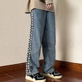 thumbnail image 2 of Jeans For Men Winter Casual Versatile Striped Embroidery Straight Wide Leg Splicing Denim Trousers Loose Fall Outdoor Streetwear Pants For Men Blue XL, 2 of 6