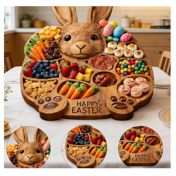 2026 Easter Bunny Wooden Charcuterie Board,Cute Rabbit-Shaped Serving Tray with Compartments, Farmhouse Wood Snack & Cheese Platter,for EasterParty Centerpiece Holiday Snacks & Treats KitchenTable