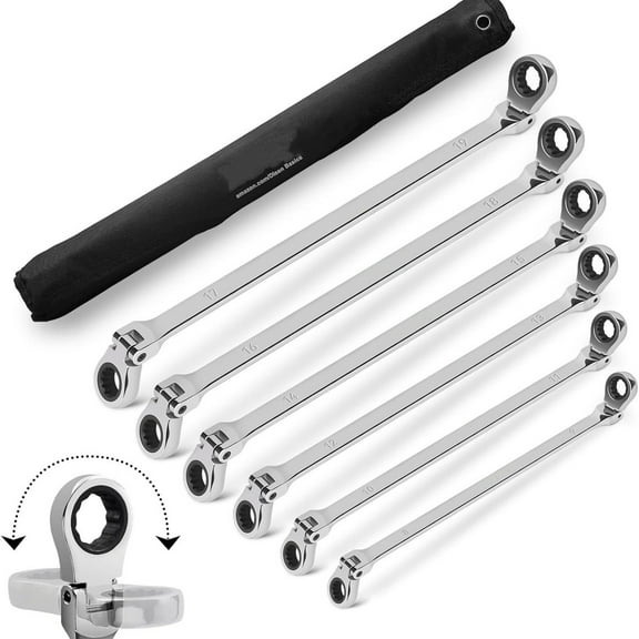Extra Long Flex Head Ratcheting Wrench set, 6Pcs Double Box End Long Reach Ratchet Wrench Set Metric 8-19mm, CRV Steel, with Pouch, Gifts for Father, Man