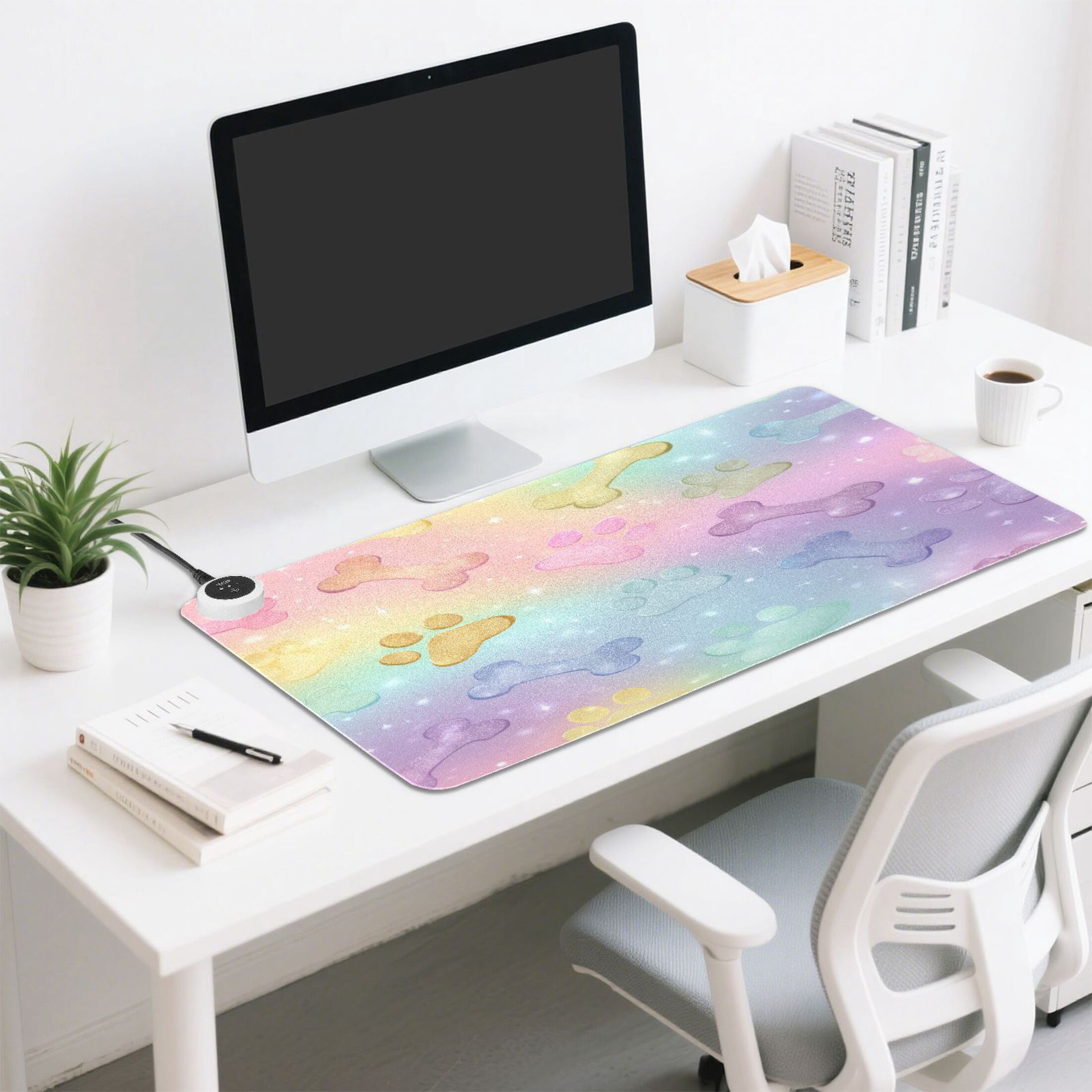 Large Heated Desk Mat Mouse Pad 31.5"x13"PU Leather Graphene Heating Desk Warmer with 3 Temperature Settings 110V US Plug Non-Slip Warm Pad for Home, Office, and Gaming Candy Glitter Puppy Party