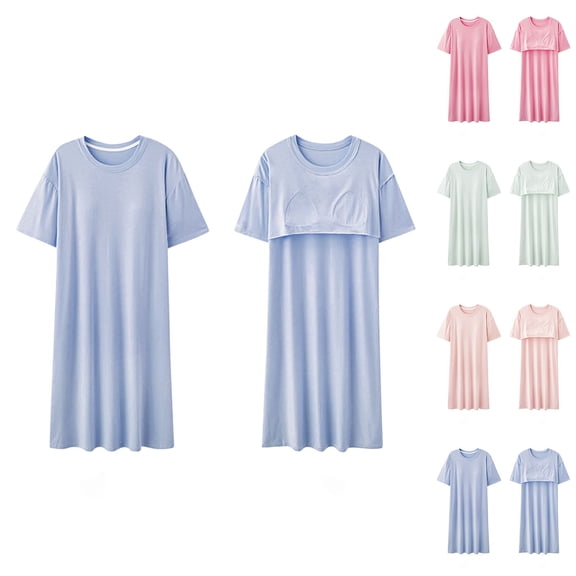 Aboser Womens Plus Size Cotton Nightshirts with Built in Bras Short Sleeve Sleep Dress Soft Jersey Loungewear Cozy Crewneck Long Nightgowns