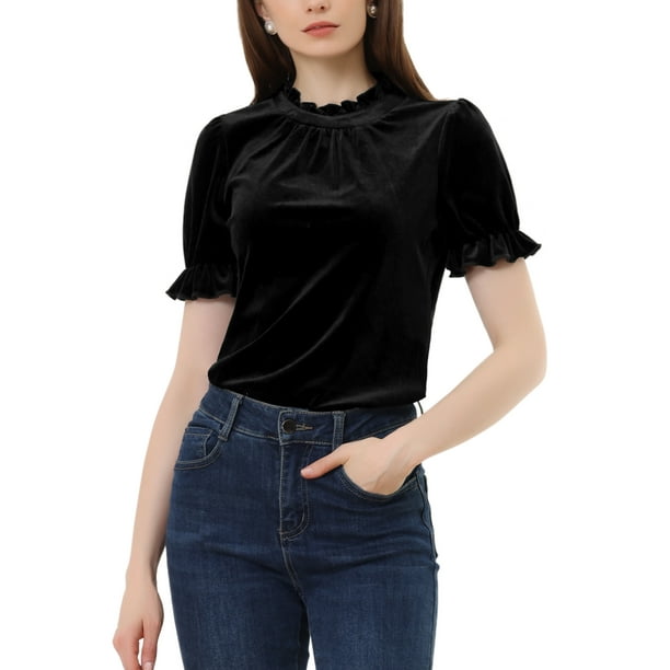 Camisa de Cuello Volante Inspire Chic para Mujeres, Blusa de Terciopelo de Manga Corta 3XL Negra