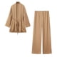 thumbnail image 4 of HH TRAF Conjunto de 2 piezas para mujer, con textura plisada, encaje, camisa tipo kimono decorada, elegante, cintura elástica, pierna ancha, pantalón largo liso para mujer, 4 of 4