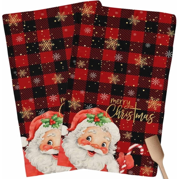 Christmas Kitchen Towels Santa Hand Towels for Bathroom Fast Drying Dishtowels Red Black Grid Snowflake Xmas Tea Towel for Home Decor, 16x24in