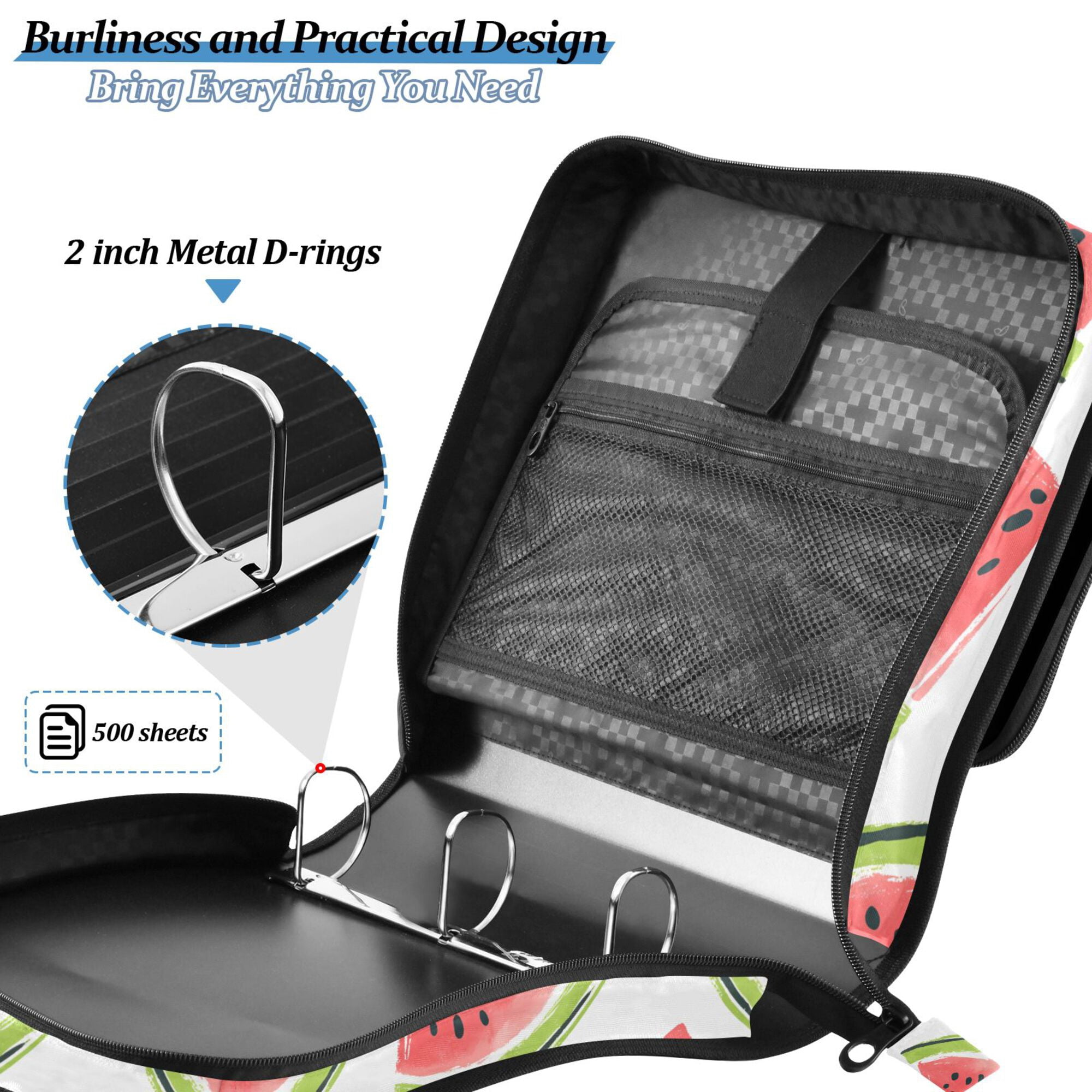 FORMRS Zipper Binder with Shoulder Strap 2-inch Ring 500 Sheet Capacity File Bag, Cartoon Watermelon