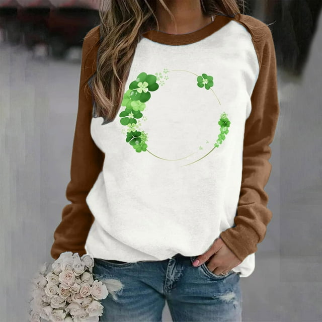 T-shirt Ample à Manches Longues et Col Rond Imprimé pour la Saint-Patrick pour Femmes