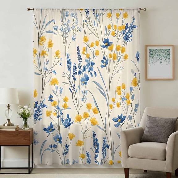 Blue Yellow Flowers Sheer Curtains 108 Inches Extra Long, Botanical Blossom Motif Light Filering Curtains, Privacy Drapes Simi Floor to Veiling Curtain for Living Room Bedroom Large Window Treatment