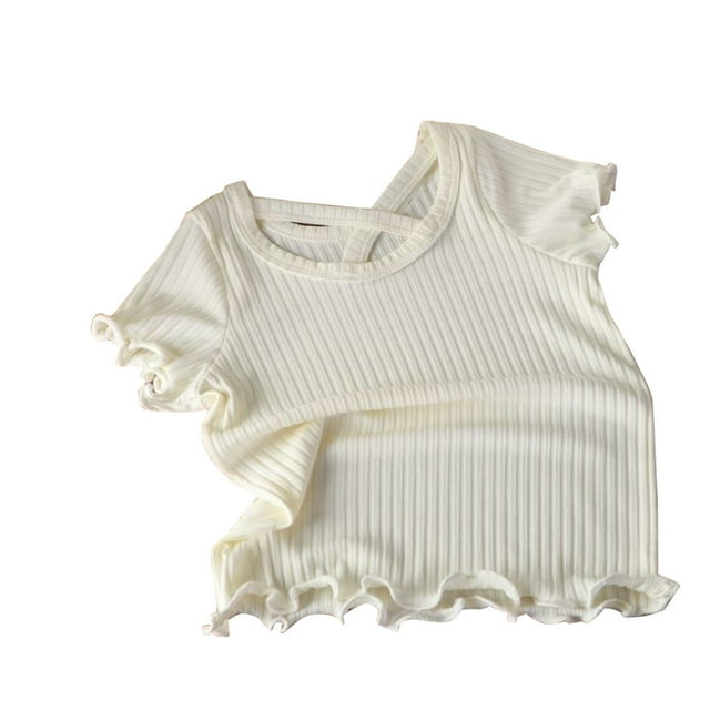 Plebaso Top for Kids Short Sleeve Round Neck Ruffled Ice Silk T-shirt for Girls Baby Summer Clothes