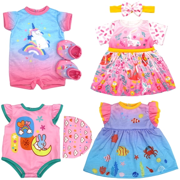 ZITA ELEMENT 4 Set Baby Doll Clothes for 14 -16 Inch, 18 Inch Girl Doll Clothes Outfits and Accessories 7 Pcs Include Jumpsuit, Dresses, Headbands, Hats, Shoes