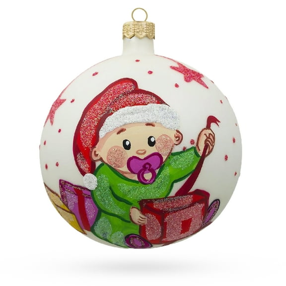 Girl Opening Gift Glass Ball Baby's First Christmas Ornament 4 Inches