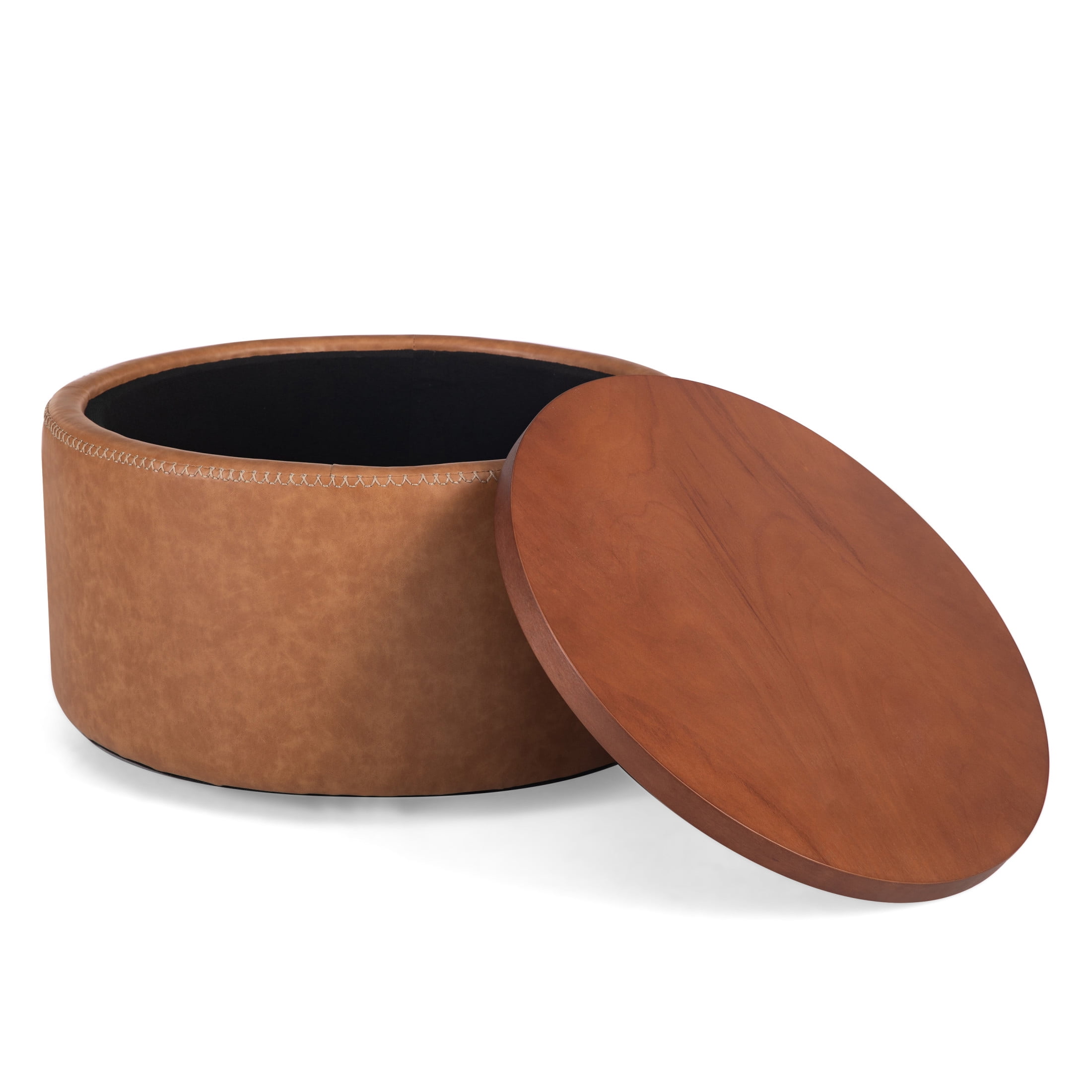 Christopher Knight Home 30" Round Storage Ottoman with Wheels, Removable Wood Lid, Brown