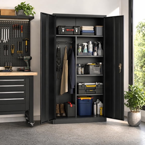 71'' Tall Heavy Duty Metal Wardrobe Cabinet with Lock – Freestanding Steel Storage Locker, Adjustable Shelves & Hanging Rod – Secure Storage Solution for Home, Office, Garage, or Bedroom Organization