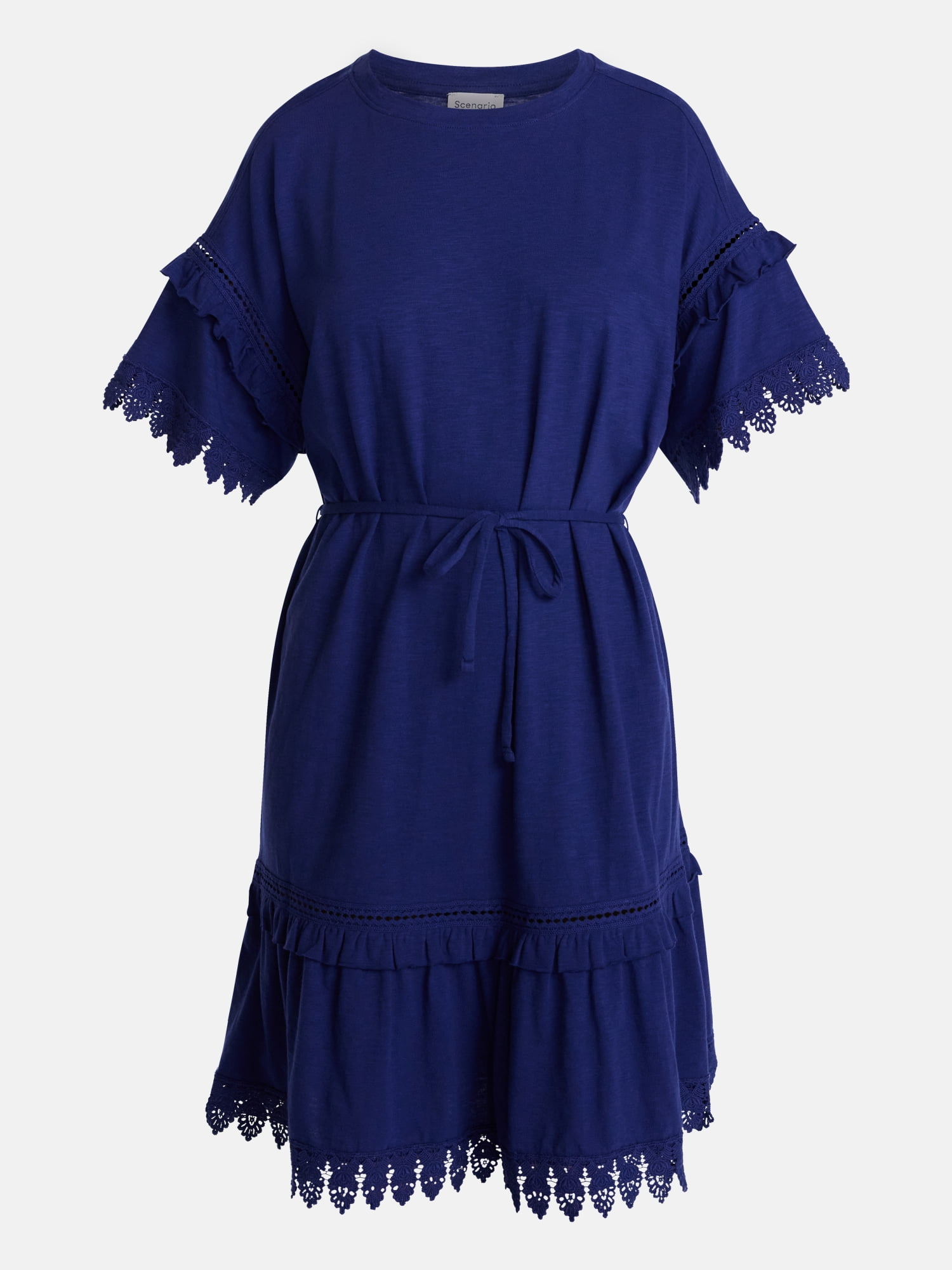 Scenario Women's Lace Trim Knit Dress with Short Sleeves, Sizes XS-XXXL