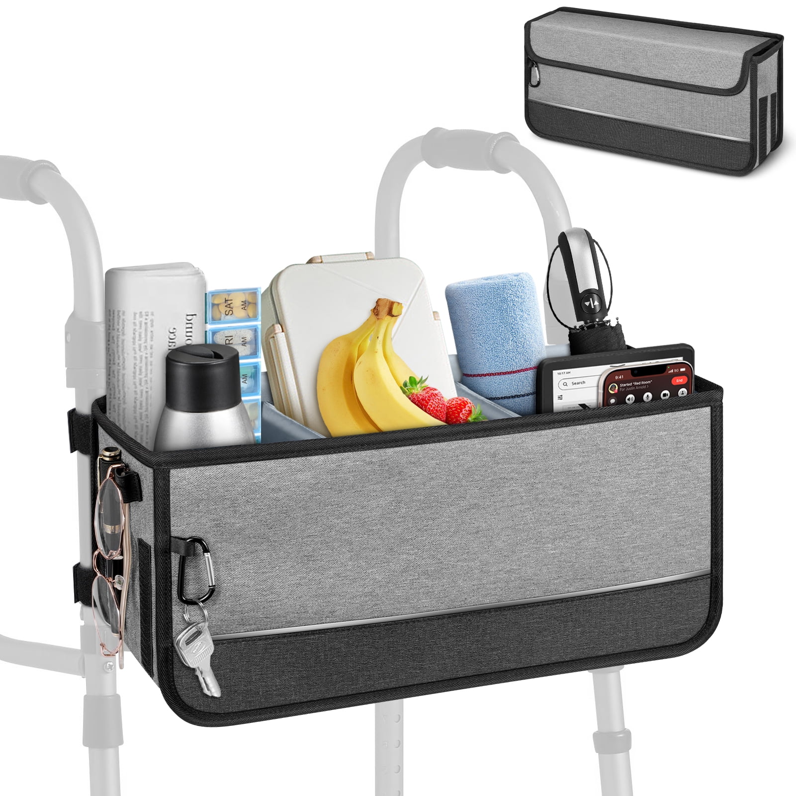 FINPAC Large Walker Basket for Foldable Walker, Storage Bag Strap Attachment Organizer Pouch with Cup Holder and Dustproof Lids