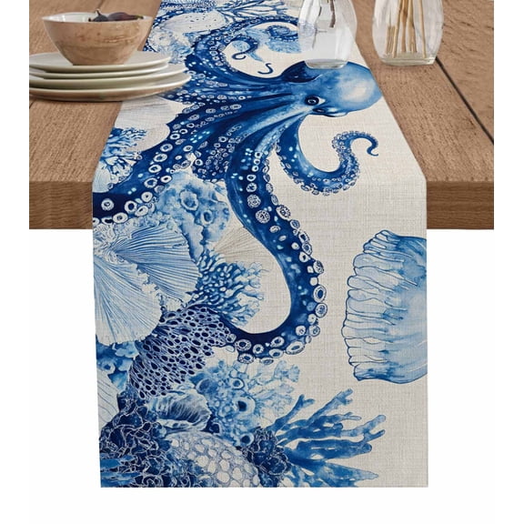 Blue Octopus Coastal Table Runner 60 Inches, Nautical Summer Beach Ocean Rustic Bed Runner Dresser Scarves Tabletop for Indoor Outdoor Parties/Ceremony/Banquet, 13" x 60"