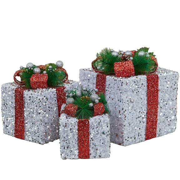 MOQIN 3 Pack Lighted Christmas Tinsel Gift Boxes Decor with Warm Lights Battery Operated Light Up Present Boxes Xmas Tree Decorations for Indoor Outdoor Home Tree and Mantel