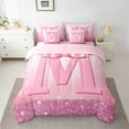 thumbnail image 2 of jejeloiu Monogrammed M Twin Bedding Sets 7-Piece,Cute Girls Bowtie Bedding Comforter Set,Pink Glitter Print Sheet Sets For Child,Microfiber Room Decorative Reversible, 2 of 8