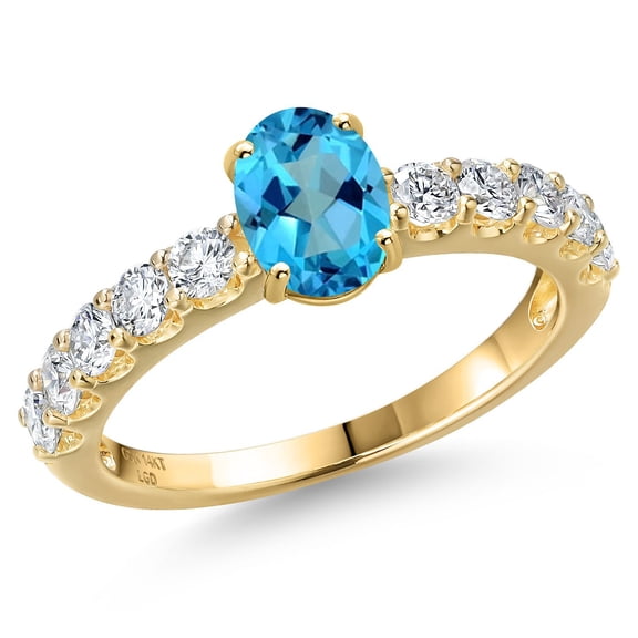 Gem Stone King 14K Yellow Gold American Blue Mystic Topaz and Lab Grown Diamond Engagement Ring for Women | 1.65 Cttw | Oval 7X5MM | Gemstone November Birthstone | Size 8