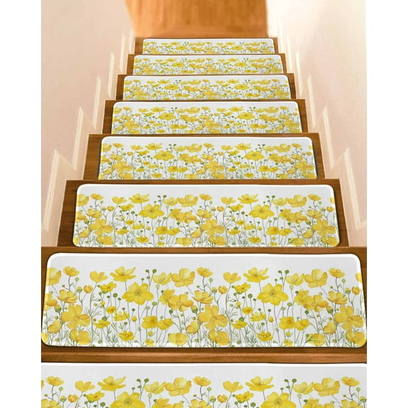 Yellow Daisy Stair Treads for Wooden Steps Indoor Runner Rug Carpet, Spring Floral Summer Botanical Watercolor 7 Pieces Peel and Stick Staircase Step Treads Covers Washable Throw Door Mats, 30"x8"