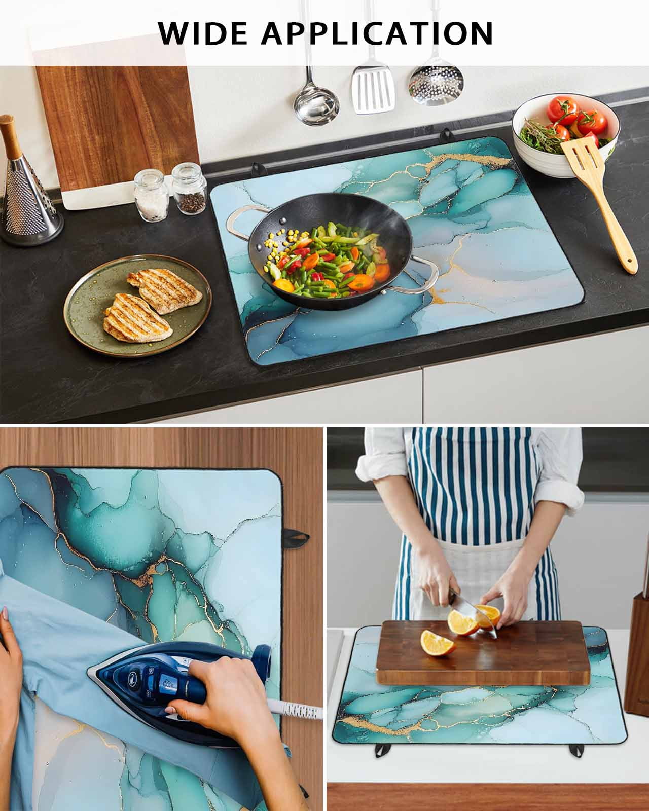 nqOlkjepod Large Induction Cooktop Protector Mat 36"x21", Turquoise Gold Marble Stove Top Covers for Electric Stove, Abstract Teal Modern Geometric Stove Burner Cover Mats, Glass Top Stove Cover