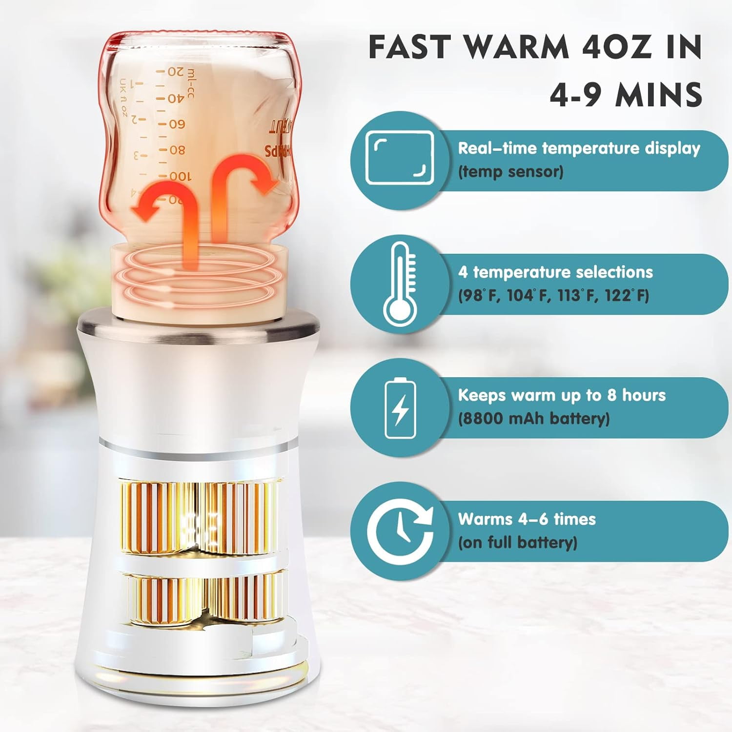 Swadeshgoods Portable Bottle Warmer, Fast Baby Bottle Warmer with 4 Adapters, Rechargeable On-The-Go Warmer with Precise Temperature Control for Breastmilk & Formula