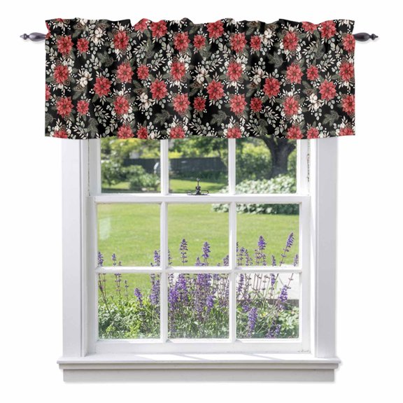 Curtain Valance for Windows, Christmas Red Flowers Kitchen Valances Rod Pocket Short Curtains, Seamless Floral Art Window Valance for Bedroom Bathroom Living room 42x12in