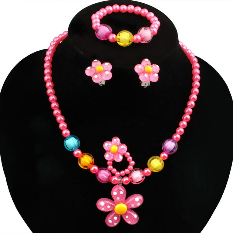 SSBSM 5Pcs Handmade Flower Necklace Bracelet Ring Ear Studs Kids Girls  Jewelry Set