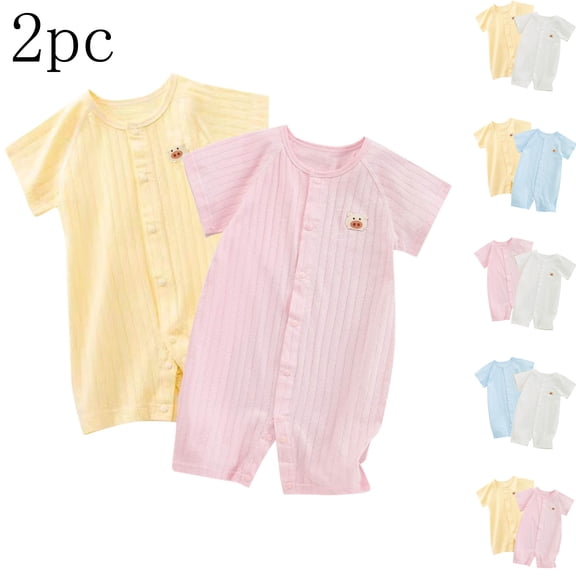 2 Pack Toddler Romper Short Sleeve Crew Neck Button Down Print Onesies Summer Cute Comfy One Piece Jumpsuit (12 Months, Yellow)