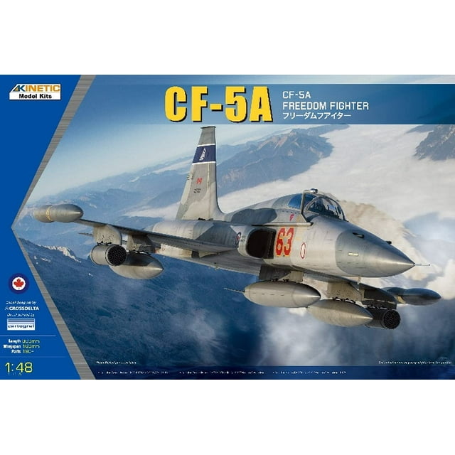 maqueta kinetic cf-5a freedom fighter a escala 1/48. Vista 3/4 frontal del modelo plástico CF-5A de la Fuerza Aérea Canadiense con fuselaje gris y numeración roja '63', dos depósitos externos bajo las alas y cabina detallada; escala 1/48, aproximadamente 180 piezas y longitud aproximada de 300 mm. Apto también como pieza de exhibición en dioramas de aviación a escala.