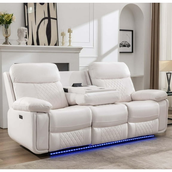 Power Zero Gravity Reclining Sofa with Wireless Charger,LED Light Type-C/USB Port,Cup Holder,Faux Leather Electric Couch with 2 Recliner for Living Room White