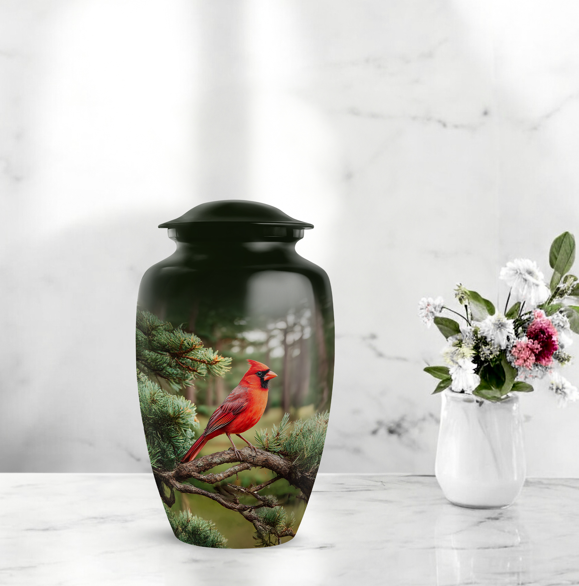 Cardinal Bird Cremation Urn For Mom And Dad - Tree Memorial Urn For Adult - Sunset Funeral Urns For Adult Male - Keepsake Urns For Ashes Set Of 4 And 1 Large (10&3) Inch Combo