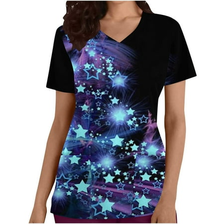 

Plus Size Tops for Women Womens Shirts Women s Loose Fit Christmas Print V-Neck Pocket Short Sleeved T-Shirt Overalls Nursing Tank Tops Black Corset Top Clearance on Sales Blue M