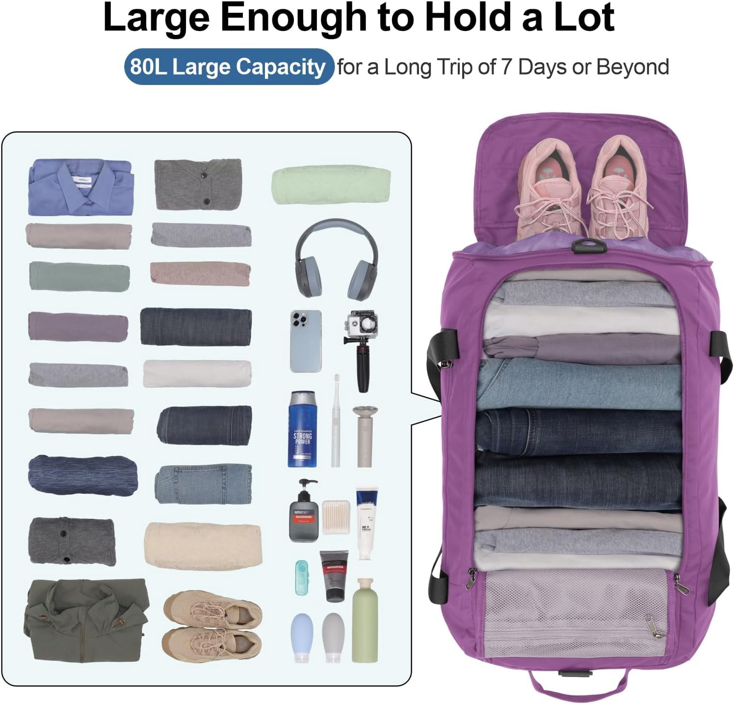 Airport Luggage Checked Bag - 80L Large Travel Duffle Bag for 5-7 Day Long Trip, Foldable Travel Duffel Bags for Traveling with Shoe Compartment for Men Women, Checked Luggage, Purple