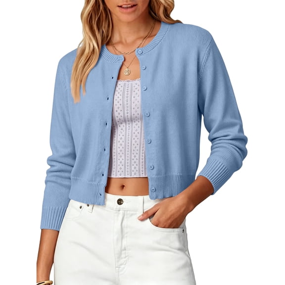 Women's Cropped Cardigan Sweater Button Up Long Sleeve Crew Neck Knit Tops Trendy Fall Winter Jumper Sky Blue XS