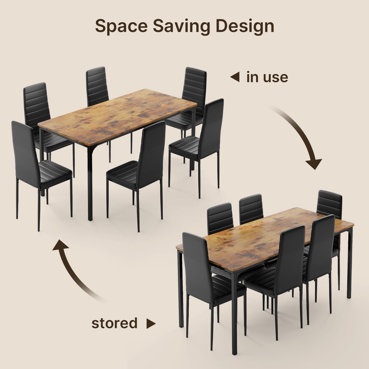 Lofka 7 Piece Wooden Kitchen Table and Chairs Set with 6 Upholstered PU Leather Chairs for Dining Room, Living Room, Apartment, Small Space,Brown