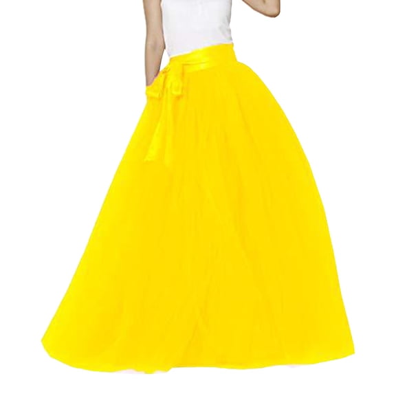 Telankuip Womens a Line Maxi Tulle Tutu Skirts for Prom Party Layered Mesh Elasti High Waisted Bow Belt Lightweight Flowy Long Skirt Trendy Solid Color Carnival Holiday Outfits Yellow One Size