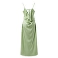 thumbnail image 4 of nerohusy Summer Satin Maxi Dresses for Women 2025 Cowl Neck Ruched Silk Formal Wedding Guest Spaghetti Strap Slip Dress with Slit Green,S, 4 of 7