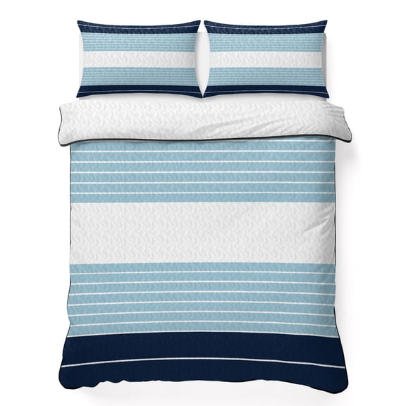 Navy Blue Stripe 3 Piece Quilt Bedding Set with 2 Pillow Shams, Abstract Line Lightweight Bedspread Coverlet, Soft Breathable All Season Quilt, 68 x 86 Inch