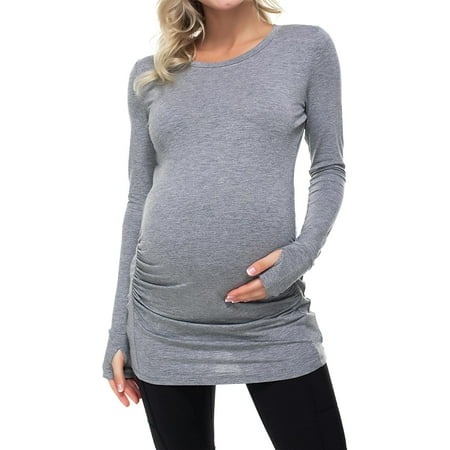 

Nebility Womens Maternity Workout Tops Long Sleeve Thumb Hole Side Ruching Shirts Yoga Clothes Pregnancy T-Shirts(Grey 2XL)