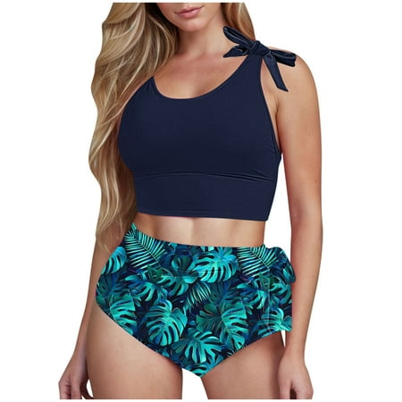 Jamicy Modest Bathing Suit for Women Gift for Wives Women s Twist Front High Waisted Bikini Swimsuit Drawstring Tie Side Bottom Two Piece Bathing Suit