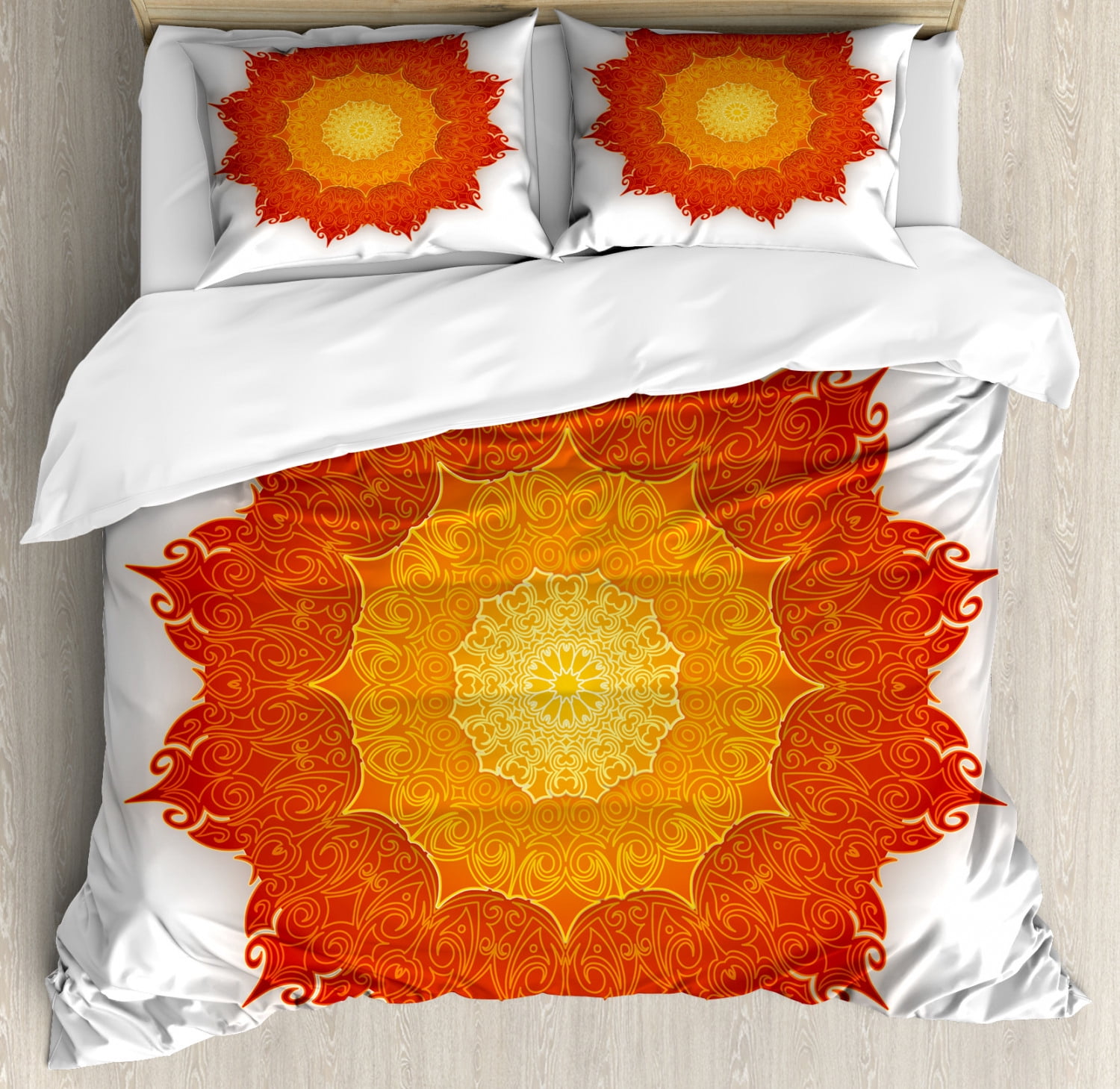 Mandala Duvet Cover Set Queen Size, Shadowy Cosmic Traditional Henna