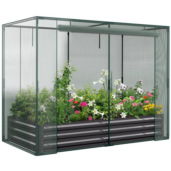 Slsy Galvanized Raised Garden Bed Kit w/Crop Cage Anti-Bird Netting Mesh Cover, 71" x 35.4" x 59" Large Metal Outdoor Planter Garden Boxes w/ 2 Roll-up Zippered Doors, for Vegetables Herbs Flowers