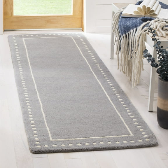 SAFAVIEH Bella Danita Plain Dotted Bordered Wool Runner Rug, Silver/Ivory, 2'3" x 9'